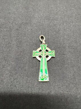 Sterling Silver Celtic Cross Pendant With White Green Enamel Accents 1.75 Inches